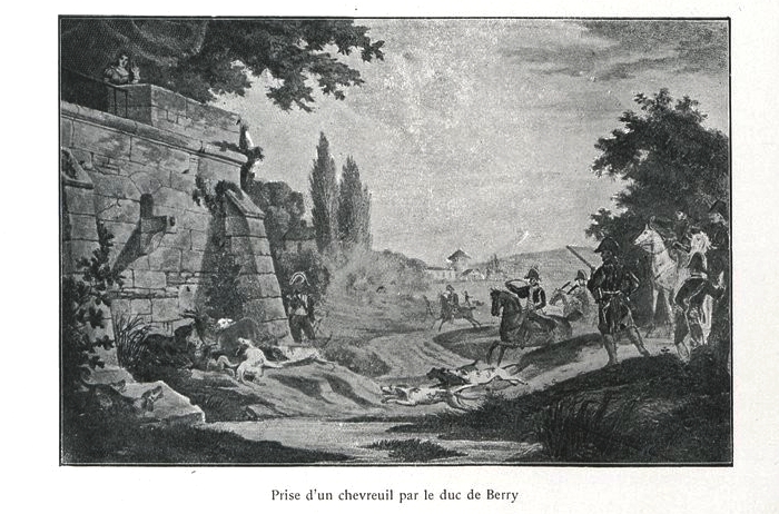 Chasse au chevreuil du Duc de Berry - Illustration tirée de l'ouvrage La Chasse à travers les Âges - Comte de Chabot (1898) - A. Savaète (Paris) - BnF
